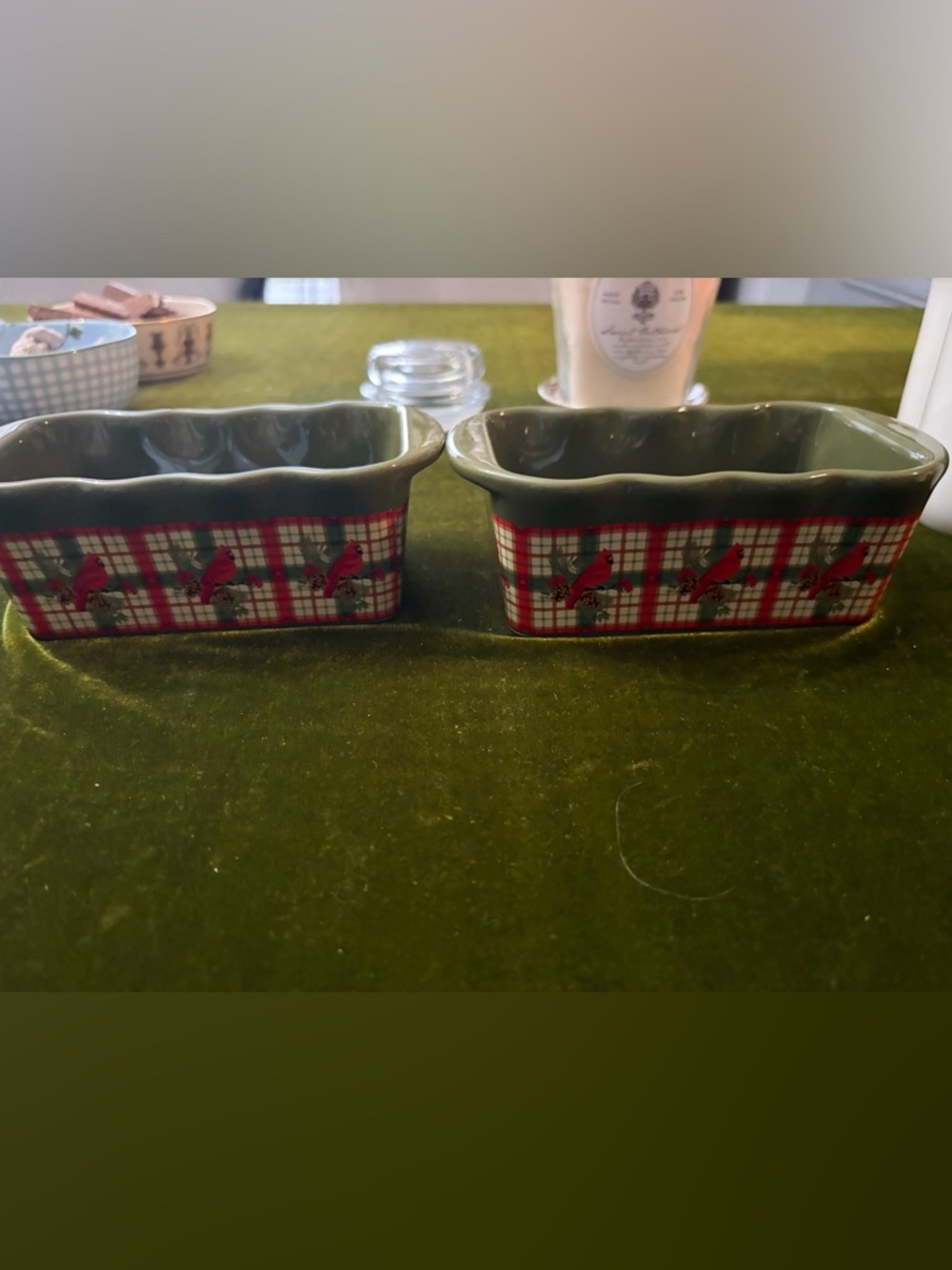 Set of 2 Ceramic Bird Plaid Mini Loaf Pans